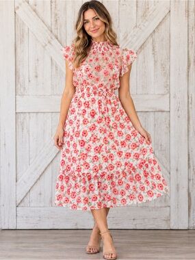 Stella & Julie Size 6 Floral Chiffon Maxi Dress Smocked Neck Flutter Sleeve